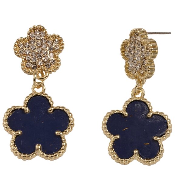 2 Sided Double Flower Clover Drop Dangle Earrings, Pave/Malachite - Picture 4 of 5